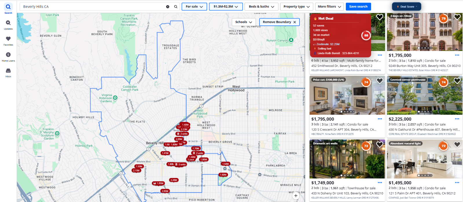 Caza overlaying buyer demand scores on a Zillow Beverly Hills search. Listings show 0–100 demand scores like 88, 79, 74. The 88-score home displays a Hot Deal panel with 52 saves, 1,089 views, 3 days on market, $519 per square foot, and a Selling fast indicator.